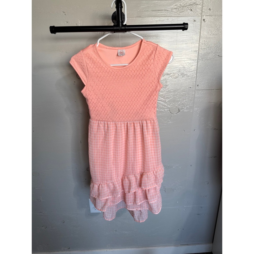 Wonder Nation Girls Peach Gingham Ruffle High-Low Dress Size L 10-12
